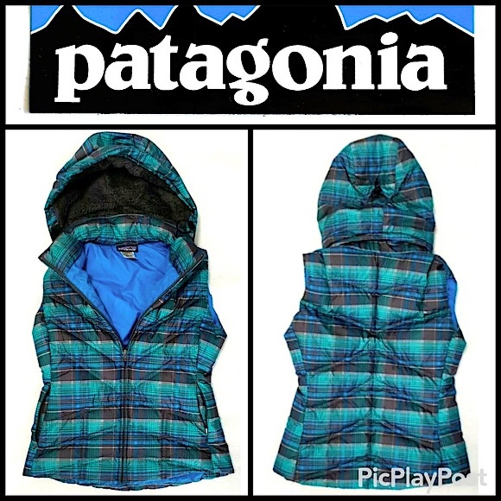 Patagonia Adventure Vest GooseDownTeal Blue Plaid Removable Fur Hoodie XS EUC